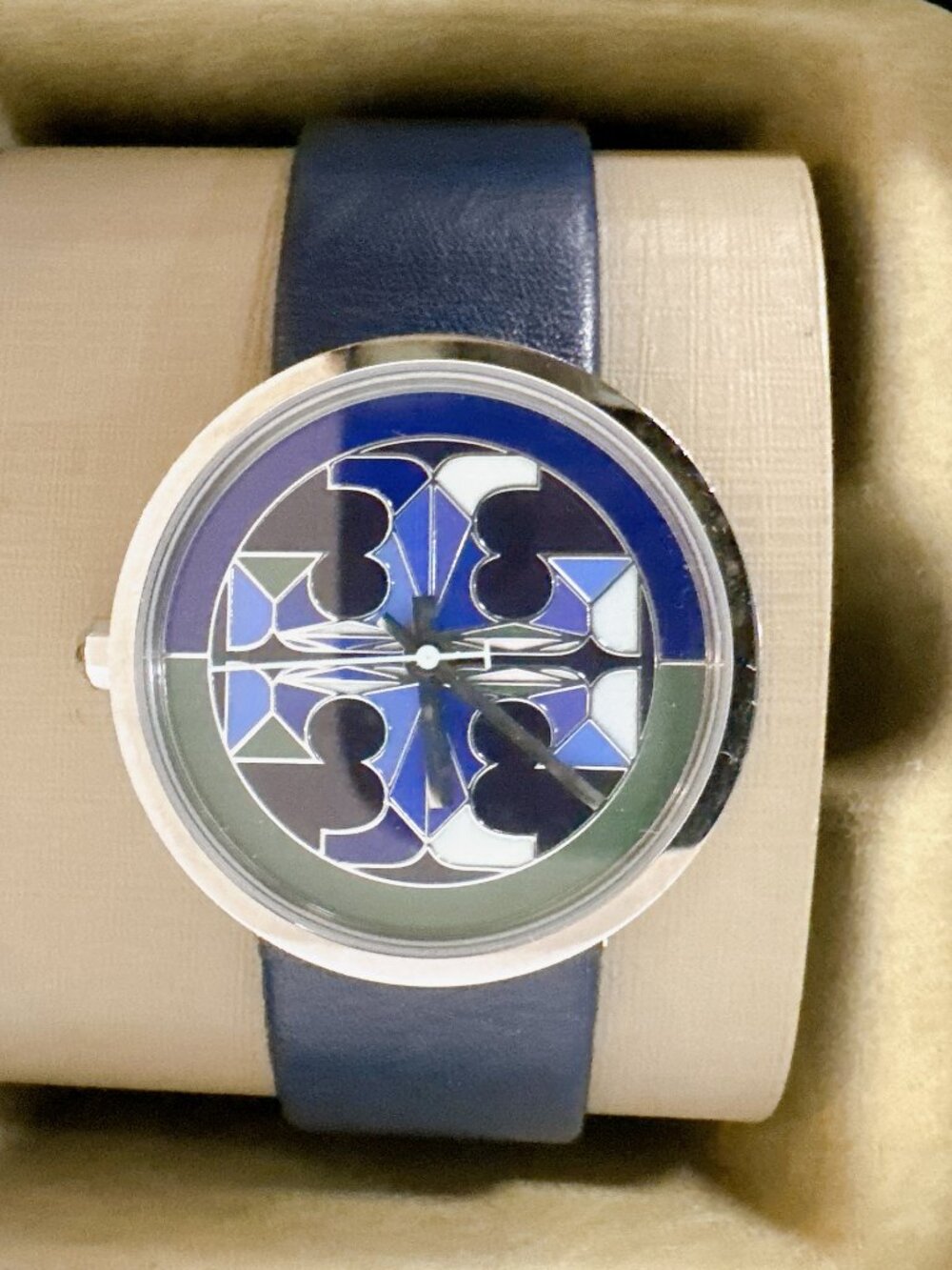 Tory Burch Reva Mosaic Dial Watch TBW4042 Navy Leather Strap 36mm Slim Quartz